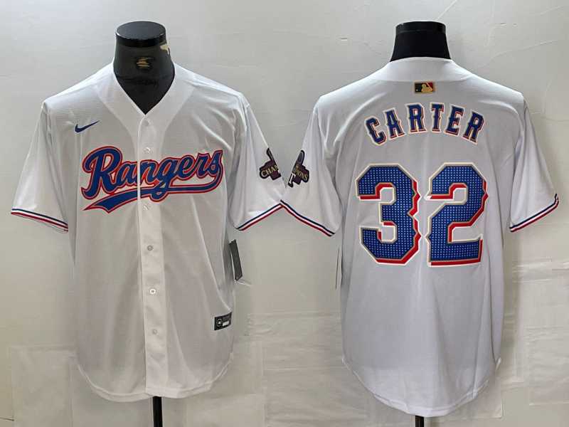 Mens Texas Rangers #32 Evan Carter White 2023 World Series Champions Cool Base Jersey